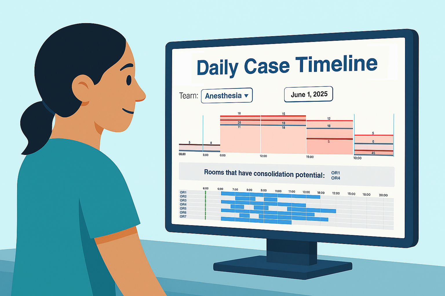 Daily case timeline showing surgical schedule optimization and consolidation opportunities